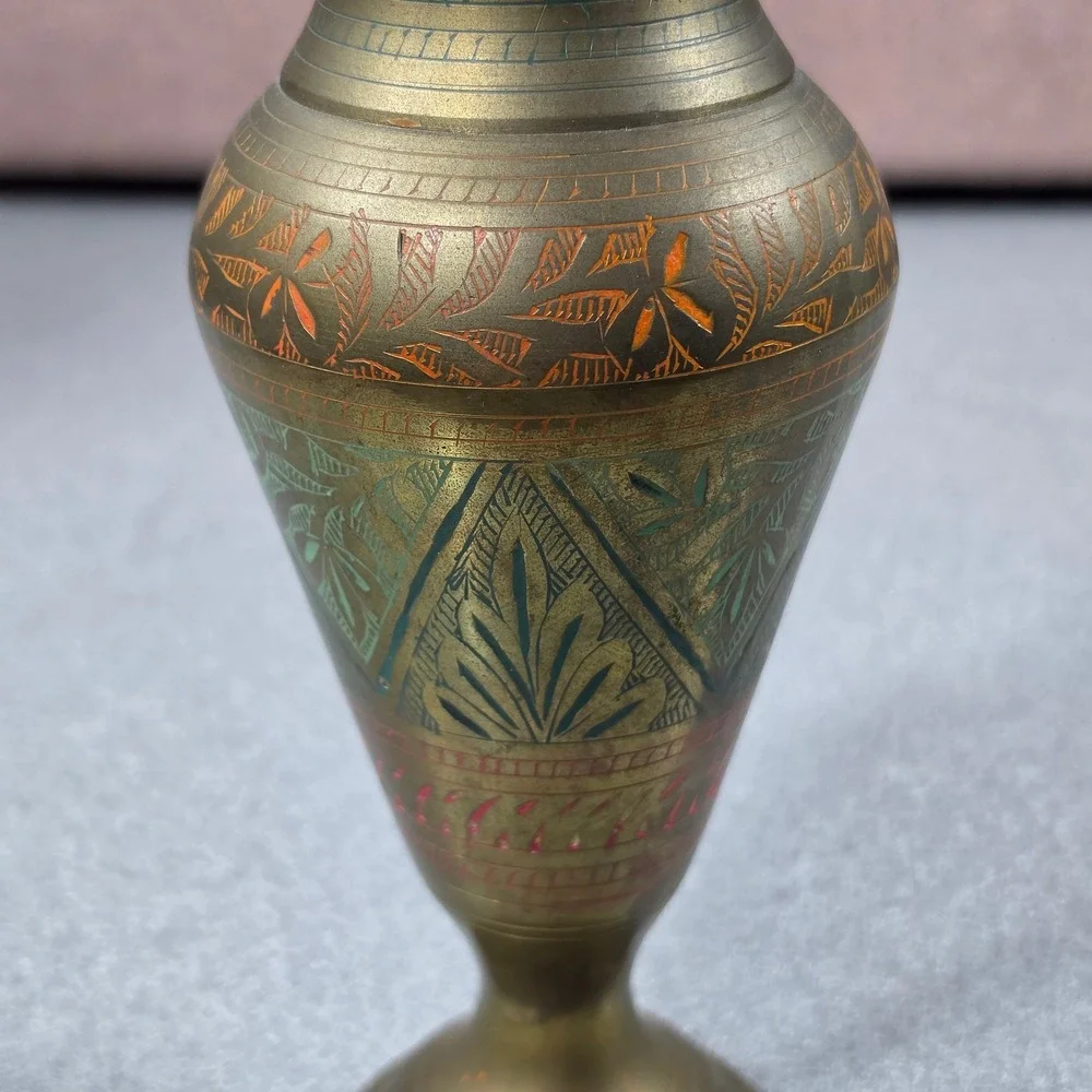 Colored Etched Brass Bud Vase Excellent Enamel‎ Detail